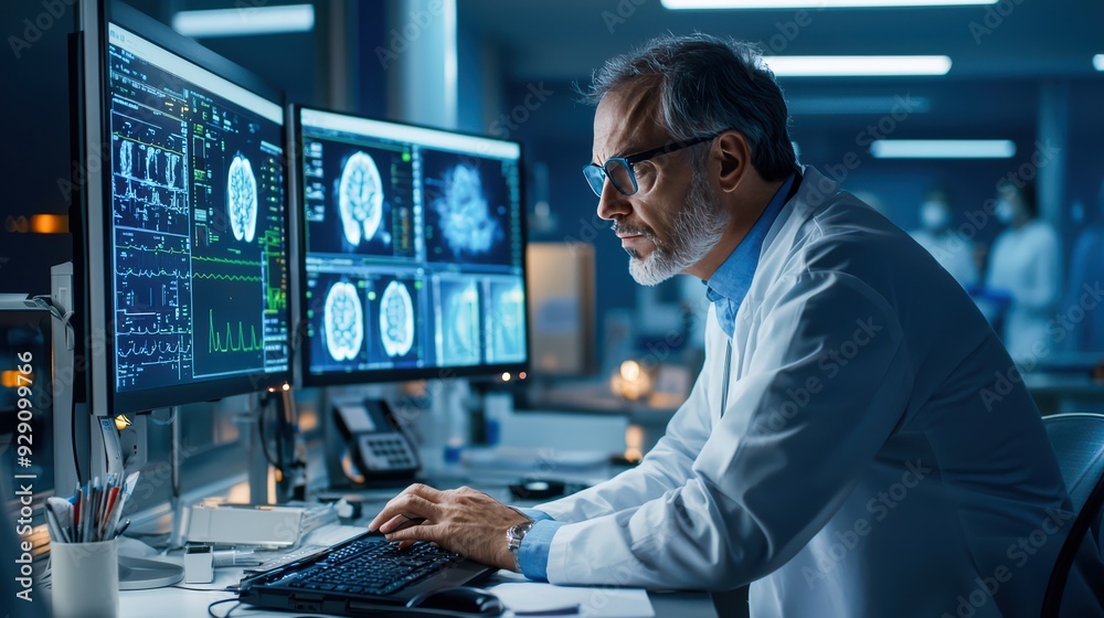 Doctor reviewing test results on a computer in a hospital office, focused and serious, analyzing data to determine the next steps in treatment. Doctor reviewing test results on a computer in a hospital office, focused and serious, analyzing data to determine the next steps in treatment.