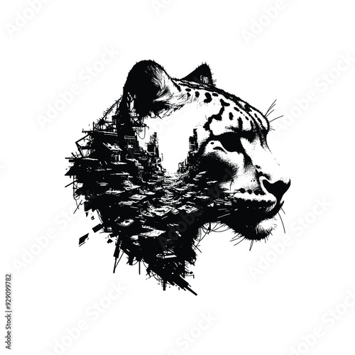 silhouette of Snow leopard , filled with destroyed futuristic dystopia environment in rough drawing, minimalist,