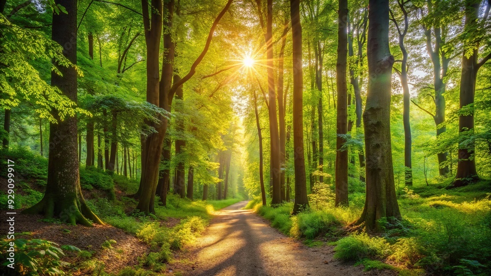Serene sunny woodland trail stretches into the distance, lined with dense greenery and towering trees, illuminated by warm natural light filtering through the canopy. Serene sunny woodland trail stretches into the distance, lined with dense greenery and towering trees, illuminated by warm natural light filtering through the canopy.