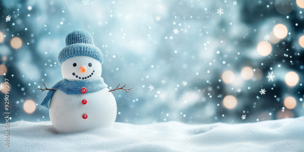 A snowman with a pink scarf and blue hat, surrounded by glowing lights and soft snowflakes. The image has a magical and whimsical feel, perfect for holiday greetings and winter celebrations.