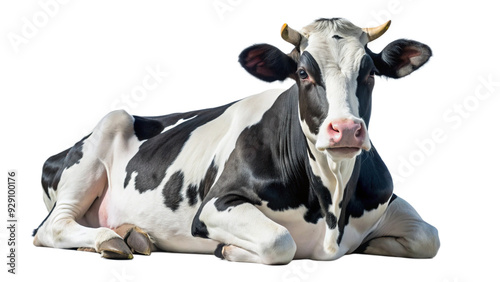 Black and white cow lying down relaxed pose  transparent background PNG