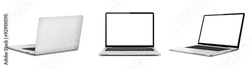 Realistic laptop mockup with blank screen isolated on white background, perspective laptop mock up different angles views.