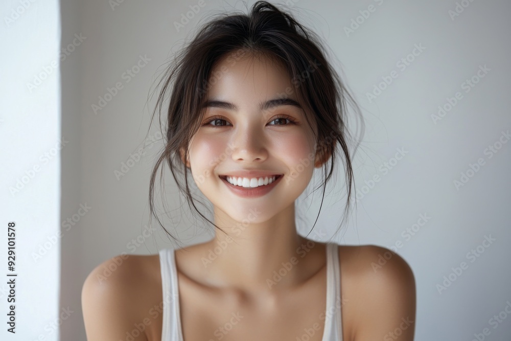 Beautiful young Asian woman smiling and happy created with Generative AI Beautiful young Asian woman smiling and happy created with Generative AI