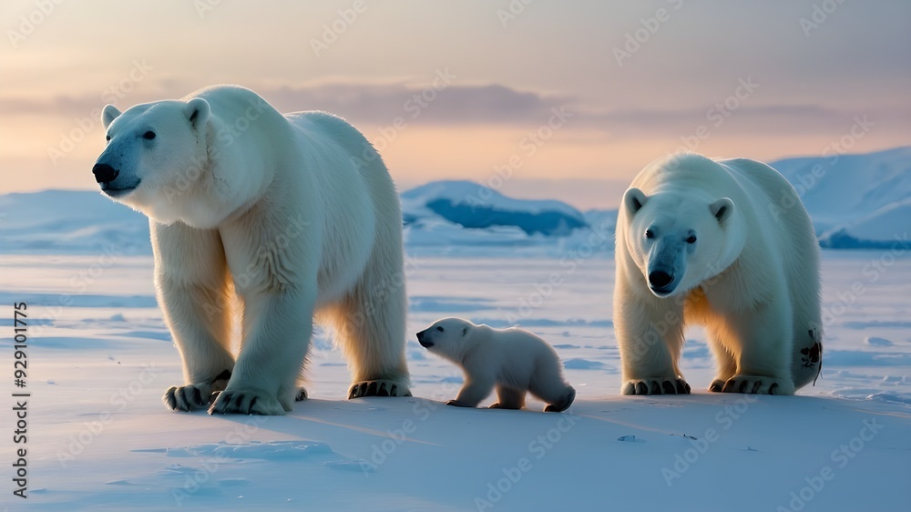 White Polar Bears Family, Arctic Wildlife, Mother and Cub in Winter, North Pole Illustration White Polar Bears Family, Arctic Wildlife, Mother and Cub in Winter, North Pole Illustration