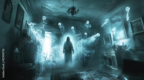 A ghostly figure surrounded by floating objects in a haunted room, poltergeist activity in full effect, supernatural and eerie