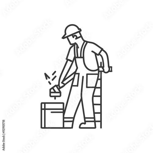 Construction Worker Using a Level Tool on a Ladder