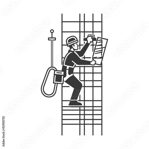 Construction Worker on a Ladder Examining a Rebar Framework
