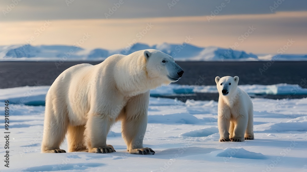 White Polar Bears Family, Arctic Wildlife, Mother and Cub in Winter, North Pole Illustration