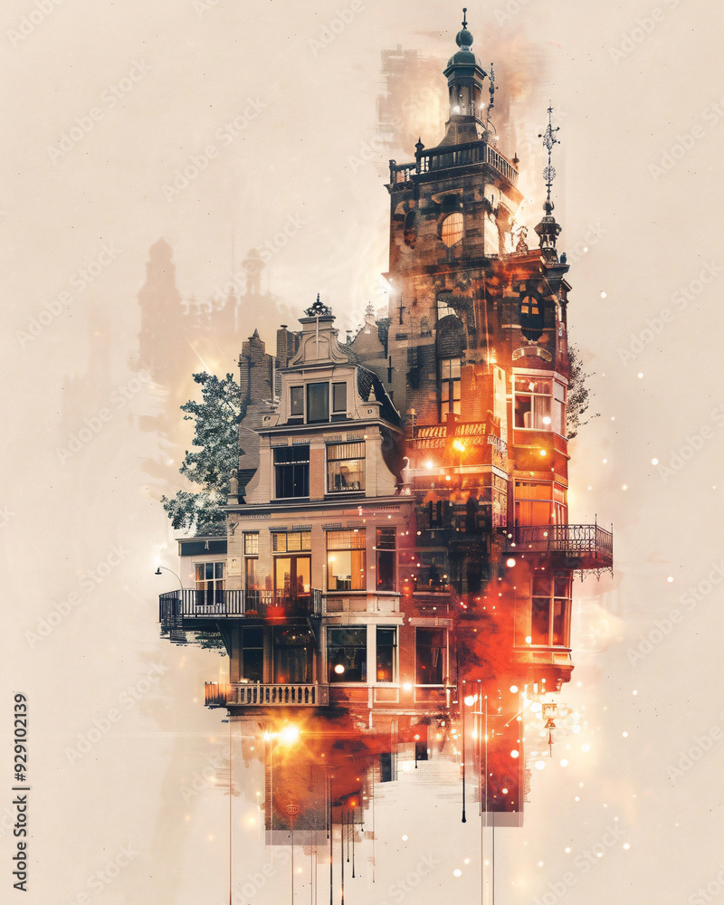 Obraz premium Alphen aan den Rijn City Tapestry Skyline Art - A building with a tower and fire