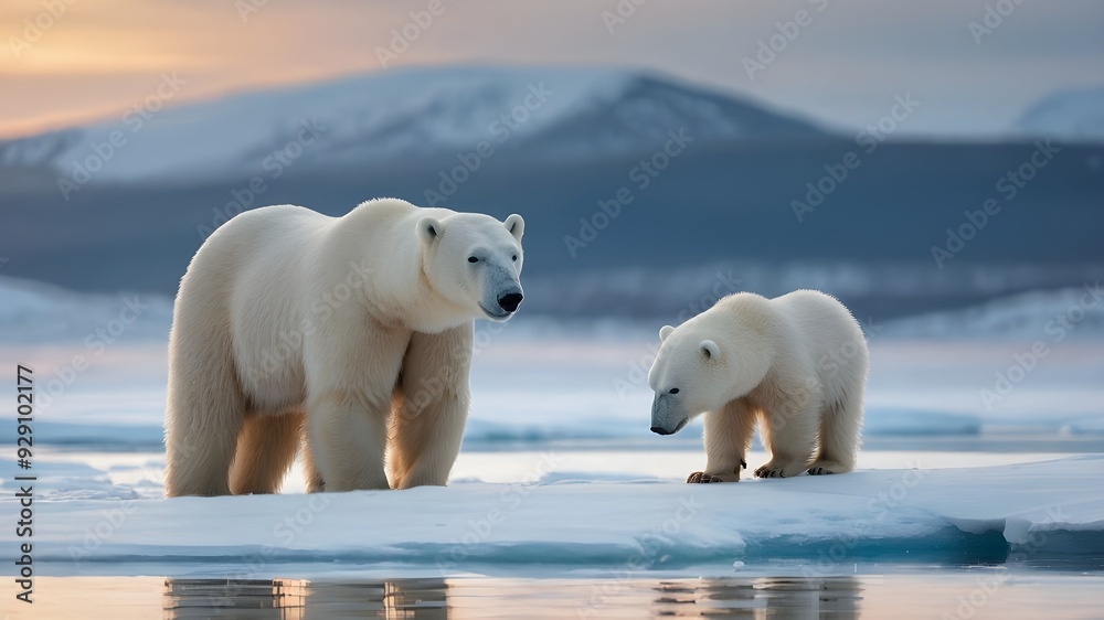 White Polar Bears Family, Arctic Wildlife, Mother and Cub in Winter, North Pole Illustration White Polar Bears Family, Arctic Wildlife, Mother and Cub in Winter, North Pole Illustration