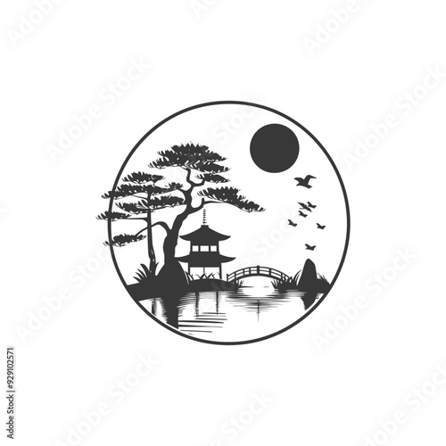 Circular Japanese Garden Scene with Pagoda Tree Bridge and Birds photo