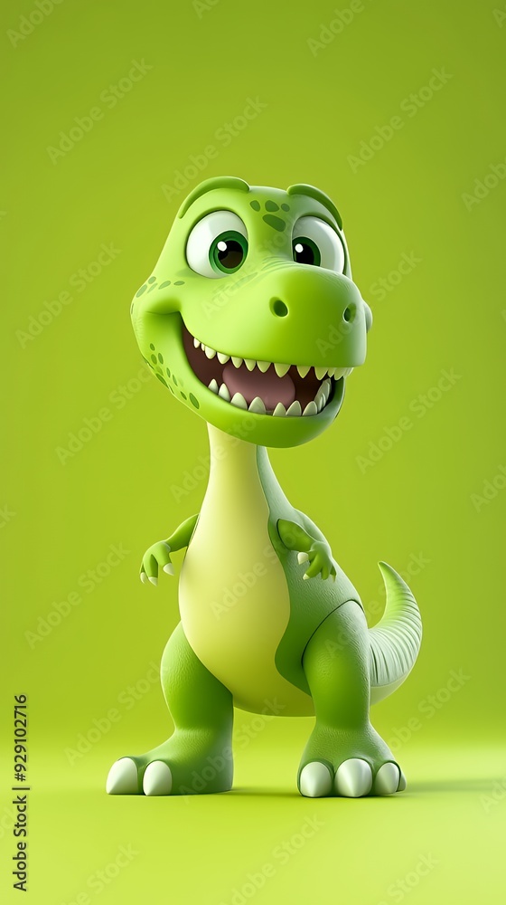 Fototapeta premium A cheerful green dinosaur character with a friendly smile against a bright background.