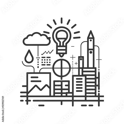 Cityscape with a Lightbulb Illustrating an Idea