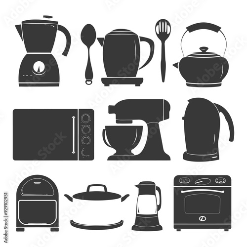 Collection of Black and White Kitchen Appliance Icons