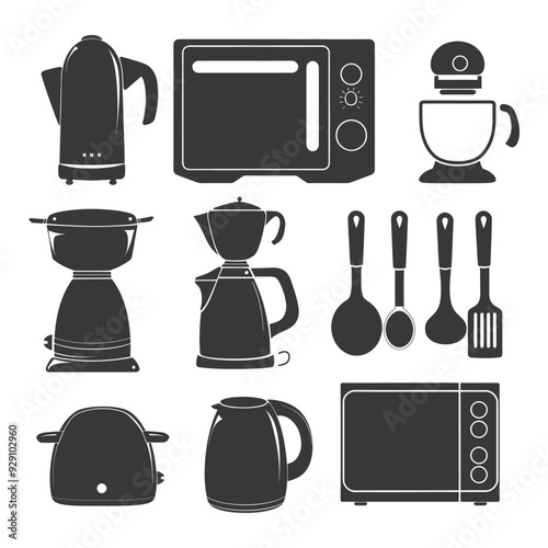 Collection of Kitchen Appliances in Black Silhouettes