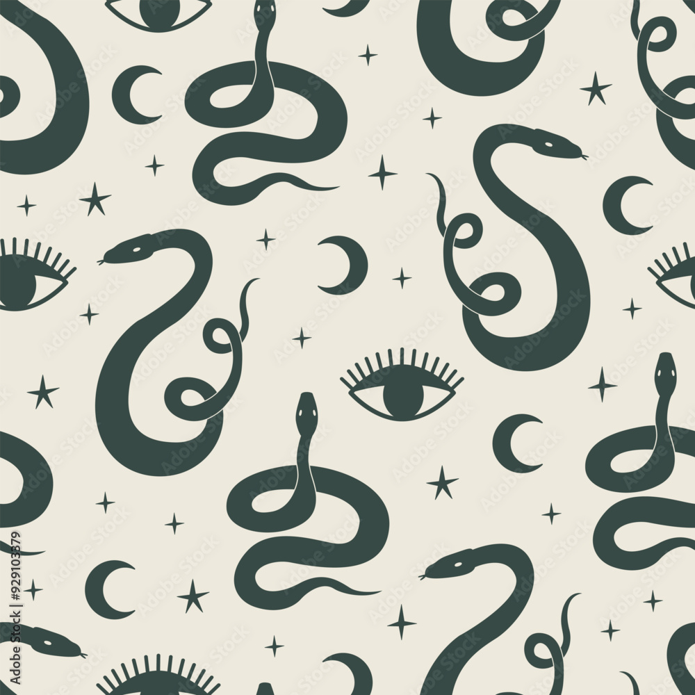 Seamless pattern with silhouettes of snakes and symbols of eye, moon ...