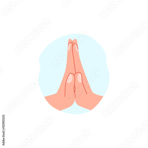 Folded prayer hands vector flat illustration, human praying arm religion symbol, cartoon Namaste hand gesture emoji icon
