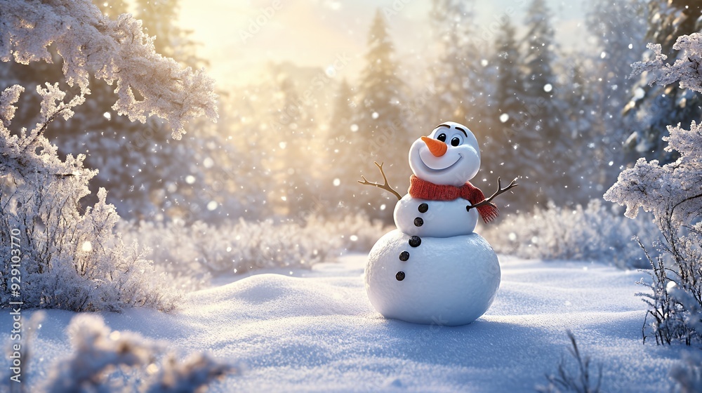 Obraz premium A cheerful snowman stands in a snowy landscape surrounded by trees, radiating winter joy.