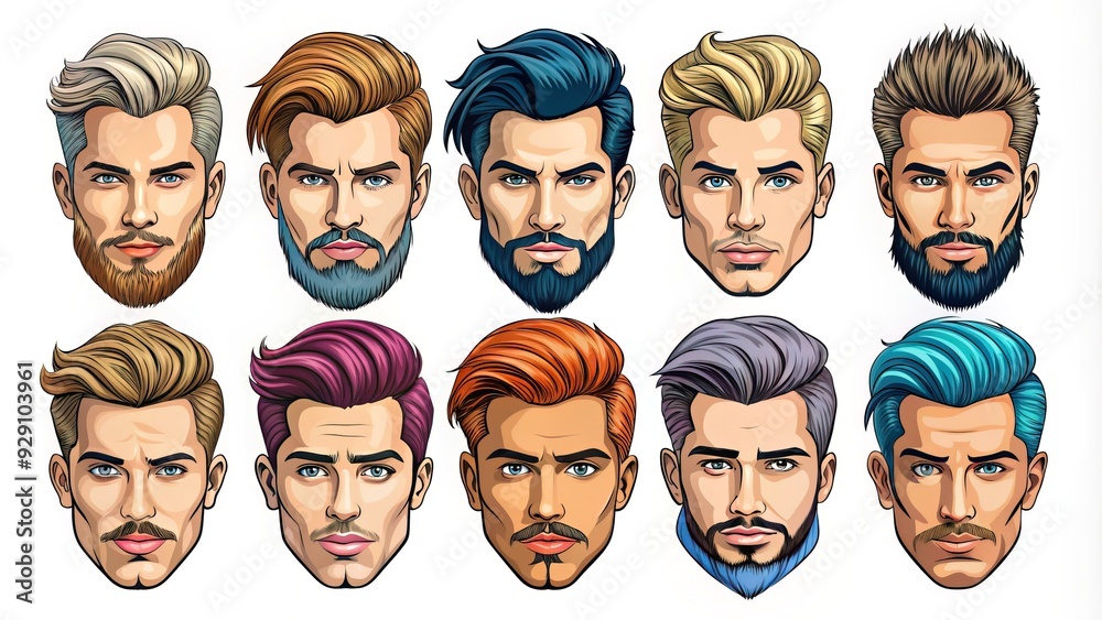 Set of stylish vector illustrations depicting various men's hairstyles, including undercuts, fades, and pompadours, in bold lines and vibrant colors on a white background. Set of stylish vector illustrations depicting various men's hairstyles, including undercuts, fades, and pompadours, in bold lines and vibrant colors on a white background.