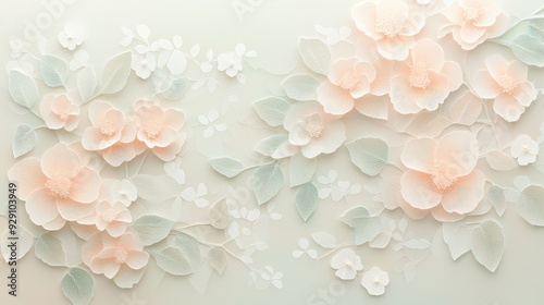 Soft pastel floral design featuring delicate flowers and leaves in a serene arrangement.