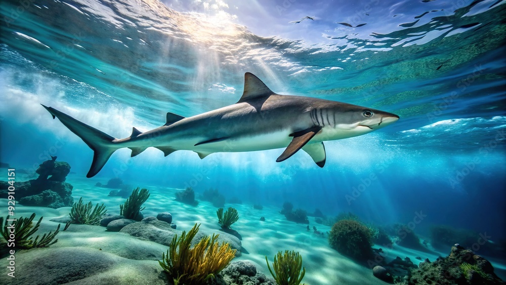 Shark's sleek, triangular dorsal fin slices through turquoise ocean water, leaving a trail of bubbles in its powerful, efficient swim through the coral reef ecosystem. Shark's sleek, triangular dorsal fin slices through turquoise ocean water, leaving a trail of bubbles in its powerful, efficient swim through the coral reef ecosystem.