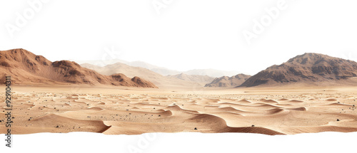 A vast desert landscape with rolling sand dunes and distant mountains, isolated on white background, transparent background. photo