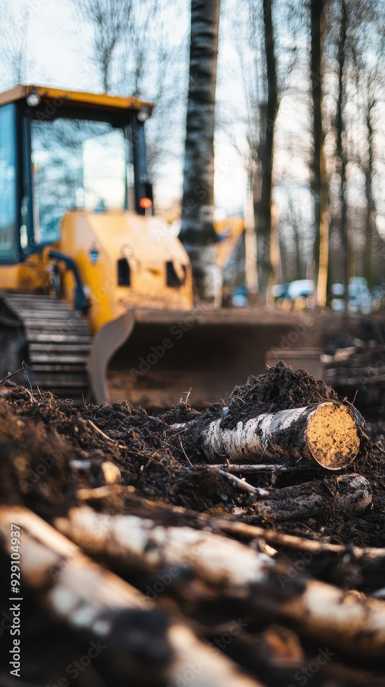 Heavy machinery works to clear fallen logs in a wooded area, preparing the site for upcoming construction Heavy machinery works to clear fallen logs in a wooded area, preparing the site for upcoming construction