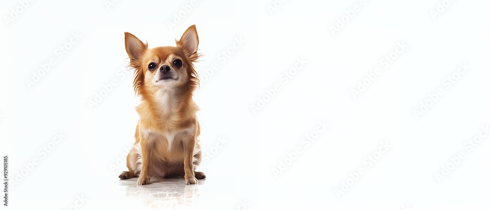 A Chihuahua sitting against a white background, looking curiously at the viewer. A Chihuahua sitting against a white background, looking curiously at the viewer.