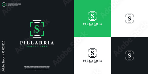 Letters S with pillar firm logo design vector symbol illustration, law firm line art logo design inspiration