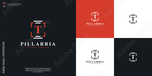 Letters T with pillar firm logo design vector symbol illustration, law firm line art logo design inspiration