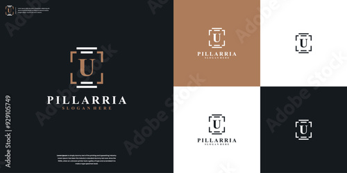 Golden letters U with pillar firm logo design vector symbol illustration, law firm line art logo design inspiration