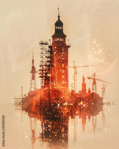 Frösö, Sweden Skyline Double Exposure Print - A tower with a tower and cranes reflected in water photo