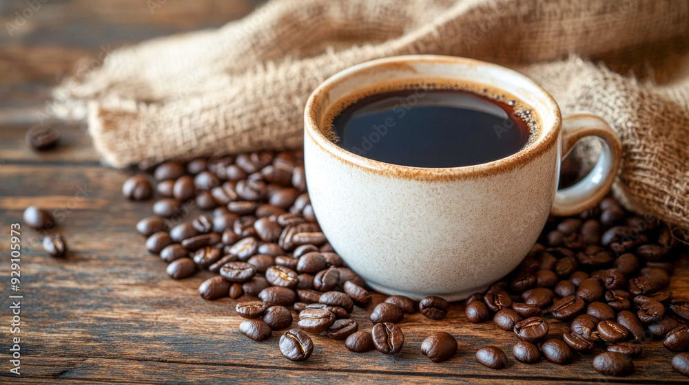 Steaming mug of coffee resting on a rustic wooden table with scattered coffee beans Steaming mug of coffee resting on a rustic wooden table with scattered coffee beans