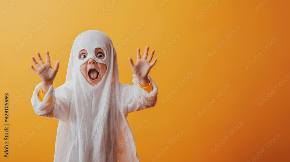 Funny kid in Halloween ghost costume on orange background. Halloween poster with playful child Funny kid in Halloween ghost costume on orange background. Halloween poster with playful child
