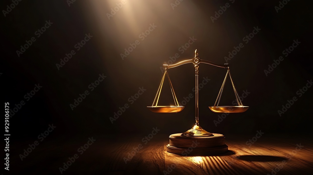 A golden scale of justice stands on a wooden platform with a spotlight shining down on it in a dark room. A golden scale of justice stands on a wooden platform with a spotlight shining down on it in a dark room.