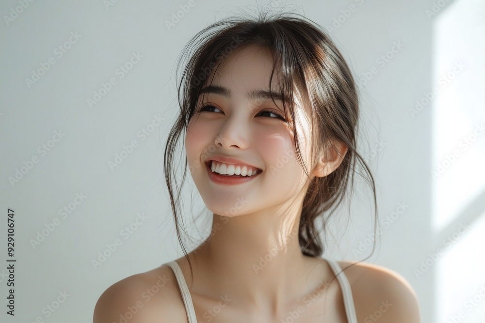Beautiful young Asian woman smiling and happy created with Generative AI Beautiful young Asian woman smiling and happy created with Generative AI