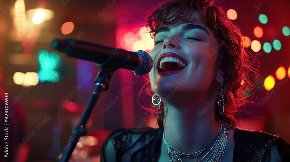 Attractive woman singing a song in karaoke bar. Beautiful girl with microphone in her hand on stage. Neon night club background Attractive woman singing a song in karaoke bar. Beautiful girl with microphone in her hand on stage. Neon night club background
