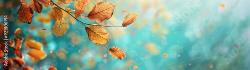 Autumn leaves on a turquoise sky background with copy space, a banner design Autumn concept, blurred background, copy area, autumn atmosphere, yellow and orange colors, fall season Generative AI photo