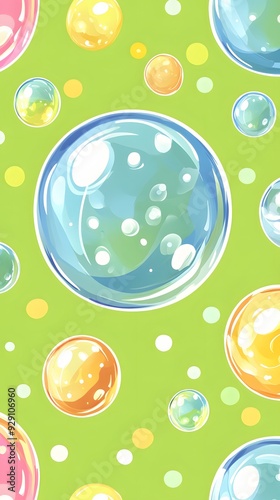 Blue Soap Bubbles on Green Background, Abstract Image, Texture, Pattern, Wallpaper, Cover and Screen of Smartphone, Cell Phone, Computer, Laptop, 9:16 and 16:9 Format