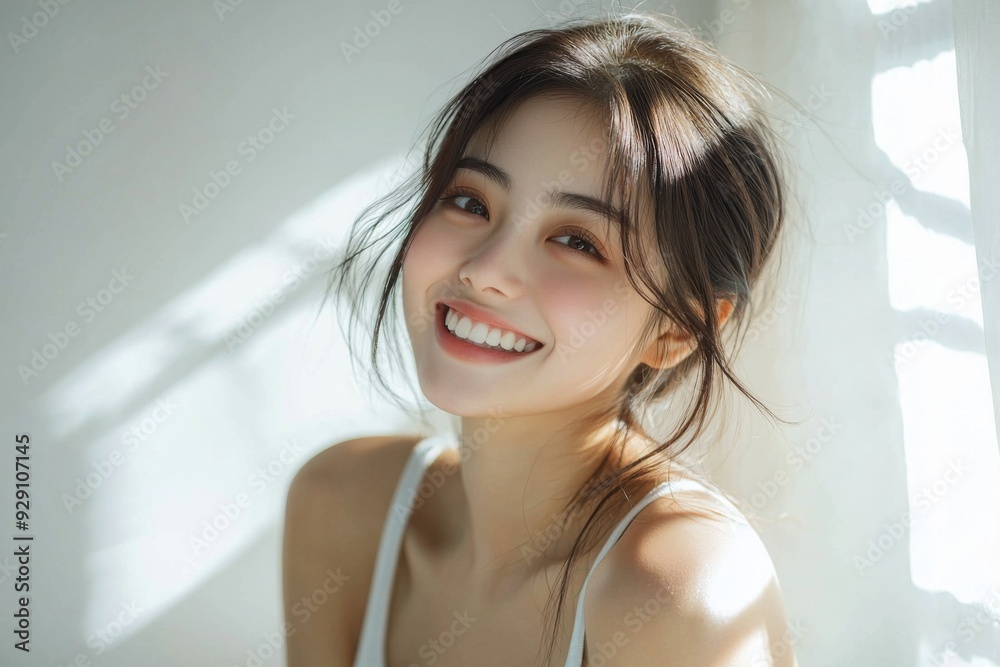 Beautiful young Asian woman smiling and happy created with Generative AI Beautiful young Asian woman smiling and happy created with Generative AI