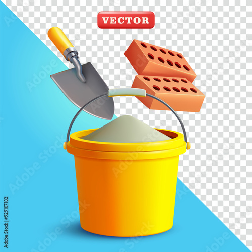 Brick shovel and Bucket filled with cement, 3d vector. Suitable for industrial and design elements