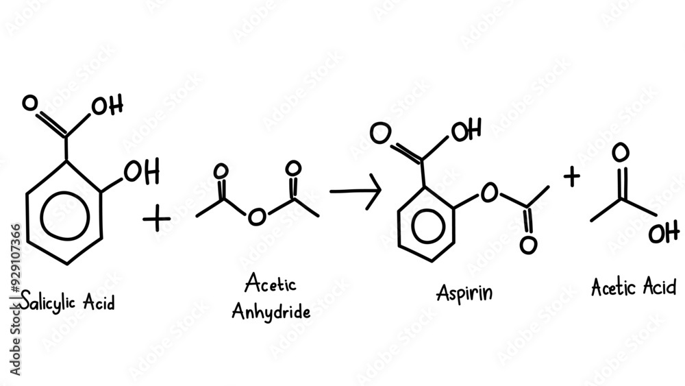 Hand Drawn Structural Formula Of Chemical Reaction Aspirin Synthesis 