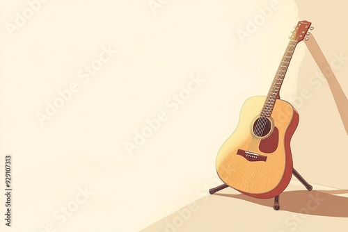 A vector background showcasing an acoustic guitar resting on its stand against a soft, neutral backdrop, creating a calm and inspiring atmosphere photo