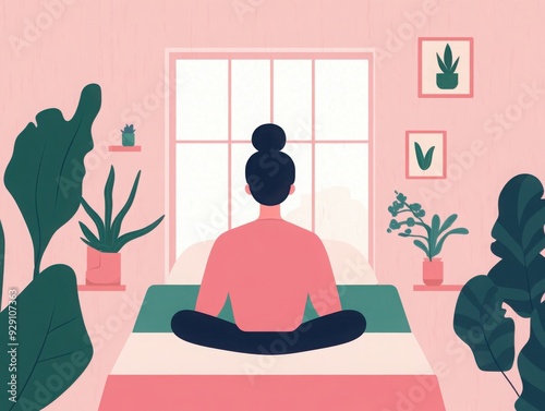 A calm bedroom scene with a person practicing deep breathing exercises by the window, representing a mindful start to the day