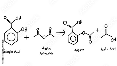 Hand drawn structural formula of chemical reaction aspirin synthesis process. Salicylic acid treated with acetic anhydride yields aspirin and acetic acid. 