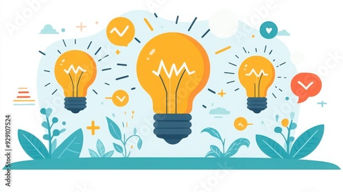 Light bulb with lightning bolt, powerful ideas leading to rapid growth, flat design illustration