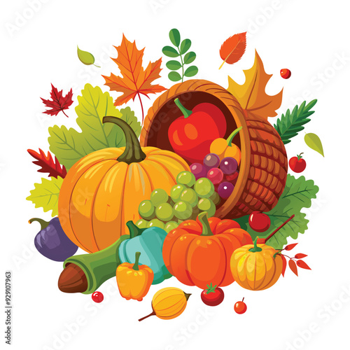 "Harvest Cornucopia Overflowing with Autumn Fruits and Vegetables: Festive Fall Design Featuring Pumpkins, Squash, Apples, and Grapes for Thanksgiving Celebrations"
