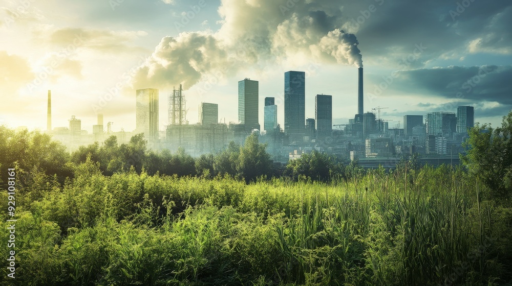 A city skyline with industrial buildings and smoke against a natural landscape.