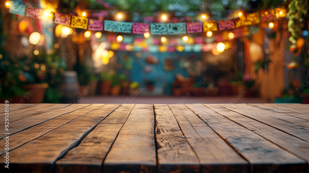 Empty wooden table with Mexican decorations and vibrant lights softly glowing in the background at a Cinco de Mayo party Empty wooden table with Mexican decorations and vibrant lights softly glowing in the background at a Cinco de Mayo party