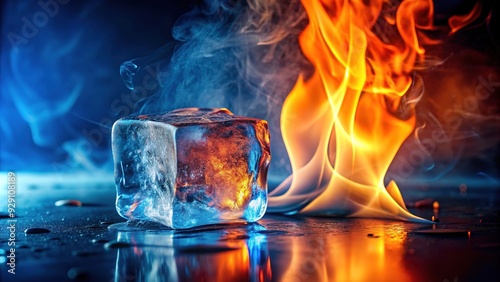 Sizzling flames engulf a frosty ice cube, contrasting fiery red-orange hues with icy blue shades, symbolizing opposing temperatures in a visually striking clash.